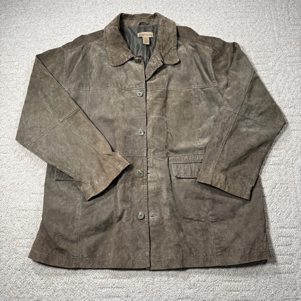 Ruff Hewn Genuine Leather Jacket Brown Button Front XXL